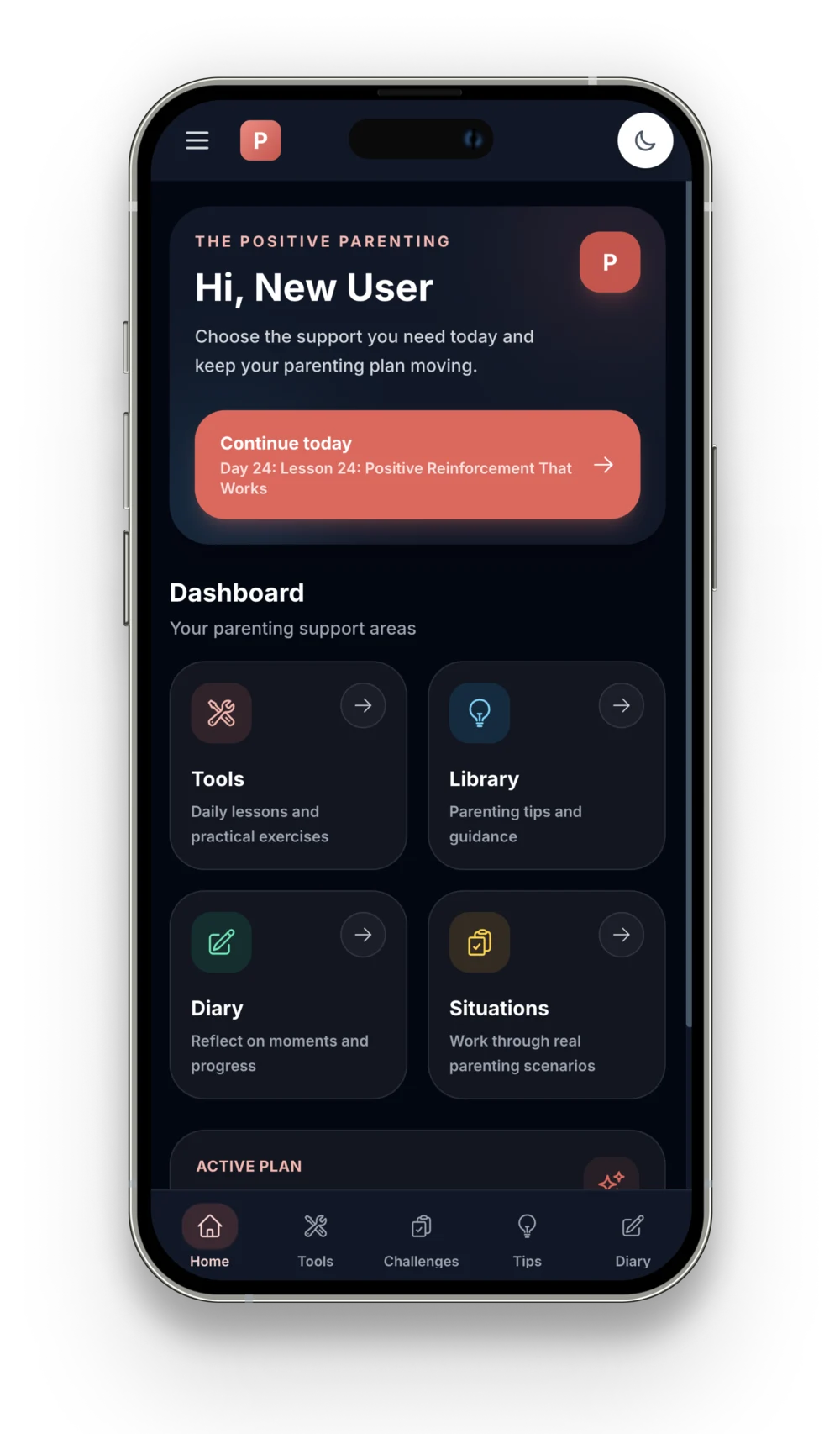 The Positive Parenting dashboard showing lessons, tools, diary and challenges
